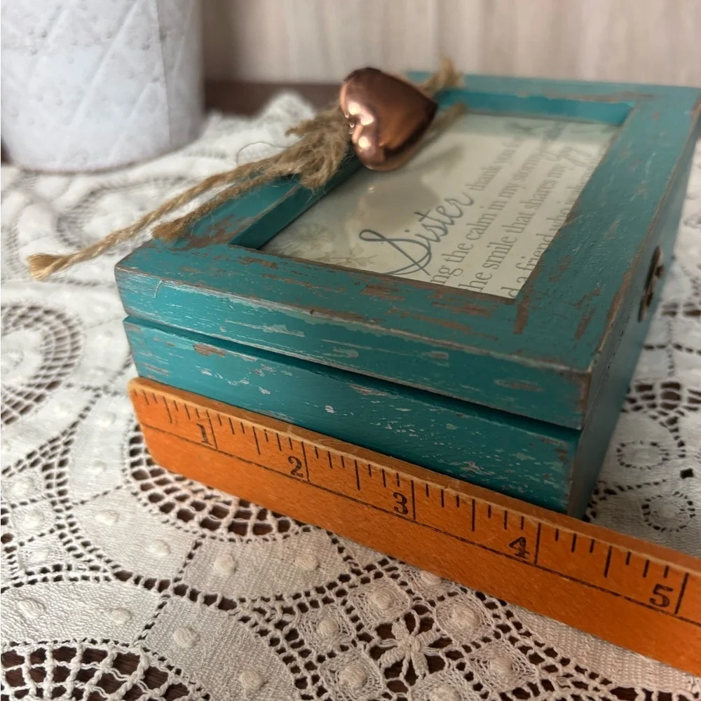 Charming Distressed Teal Sister Frame Music Box with Heart Accent